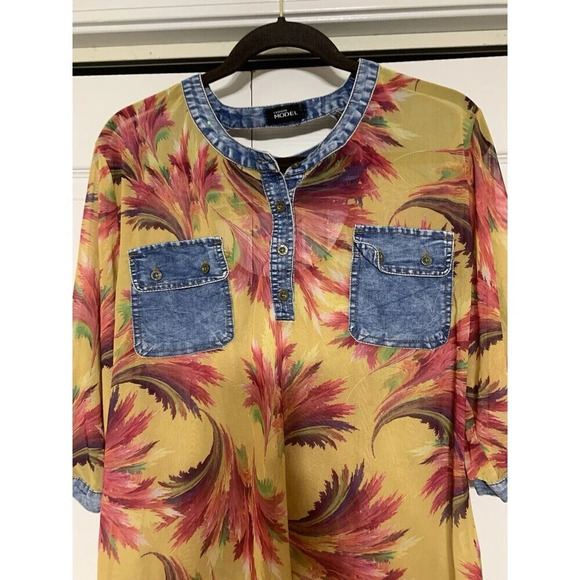 Vintage Y2K Fashion Model Semi Sheer Denim Accents Top Retro See Measurements - Picture 6 of 9